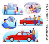 Driving school set, flat vector isolated illustration. People learning traffic rules, driving car with instructor, passing exam, getting licence. Driver education, online lessons.