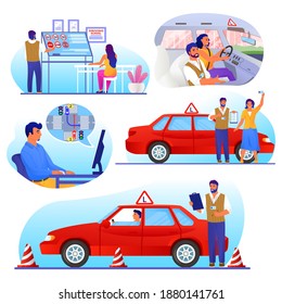 Driving school set, flat vector isolated illustration. People learning traffic rules, driving car with instructor, passing exam, getting licence. Driver education, online lessons.