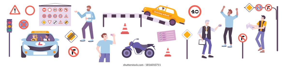 Juego de escuelas de conducción con símbolos teóricos y prácticos ilustración vectorial aislada plana