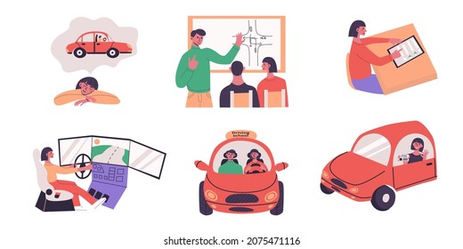 Driving School Set With Tiny People Concepts. Stages Of Education, Scences Of Learning At Lesson, Online Test, Simulation And Instructor Driving, Receiving Driver's Licence. Flat Vector Illustration.