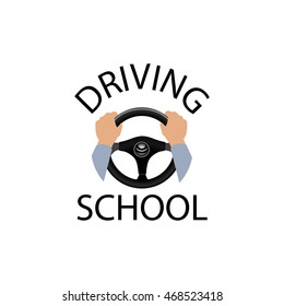 Driving school sign. Diver design element with hands holding steering wheel. Vector icon.