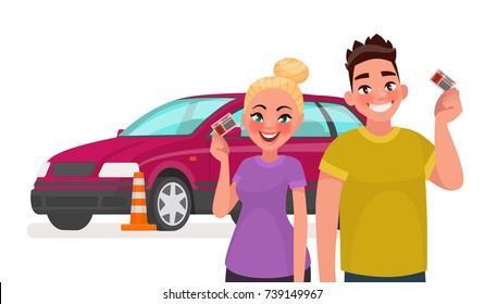 Driving school. Students with a driving license and a training car. Vector illustration in cartoon style