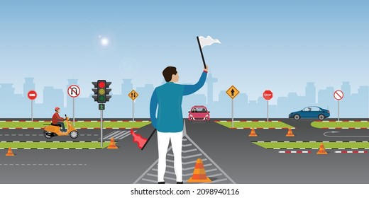 Driving school, teacher is testing car driving with car and traffic sign,The rules of the road, Education, Practice vector illustration.