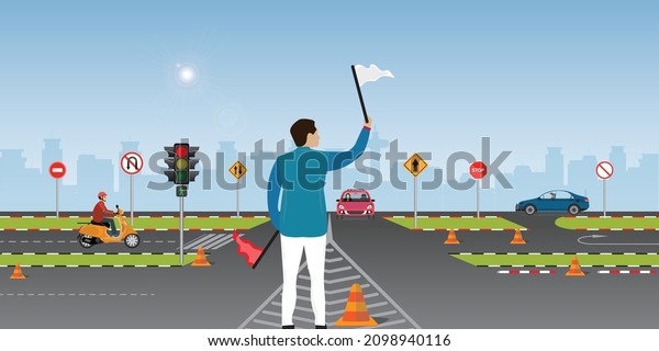 Driving school, teacher is testing car\
driving with car and traffic sign,The rules of the road, Education,\
Practice vector\
illustration.