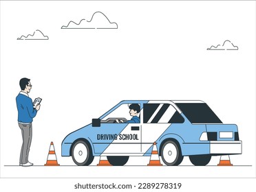 Driving school teachers are testing student car driving. Driving school or test. young man with instructor learning how to drive and park car between cones. driver character at training lesson.