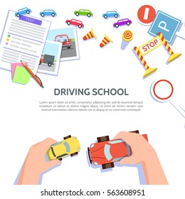 Driving school template with play car, road symbols. Vector illustration drivers education in flat style. Traffic laws concept on white background.