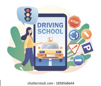 Driving school. Tiny girl studying in drive lesson and passing exams online use smartphone. Driver license. Traffic rules. Road signs.Modern flat cartoon style. Vector illustration on white background