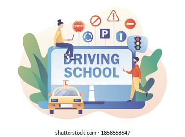 Driving school. Tiny people studying in drive lesson and passing exams online use laptop. Driver license. Traffic rules. Road signs. Modern flat cartoon style. Vector illustration on white background