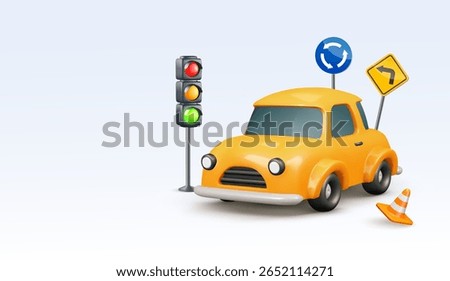 Driving School Or Traffic Education 3d Vector Illustration. Cartoon Yellow Car With Traffic Light, Road Sign And Cone For Concepts On Light Background. 