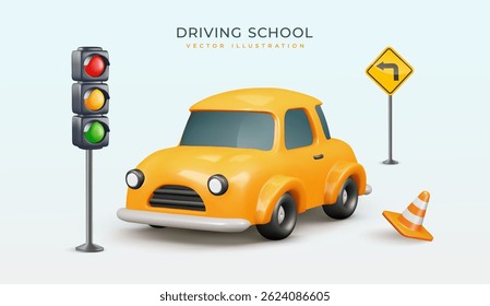 Driving School Or Traffic Education Vector Illustration. 3d Cartoon Yellow Car With Traffic Light, Road Sign And Cone For Concepts On Light Background. 