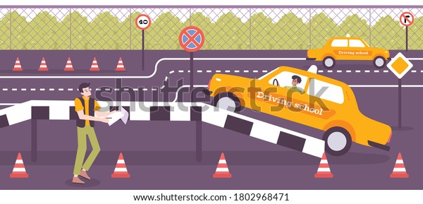 Driving school training background with\
practice symbols flat vector\
illustration