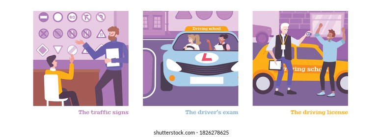 Driving school training set with license symbols flat isolated vector illustration