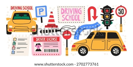 Driving school training stickers set with cars, road signs, traffic lights, driver license details in cartoon style. Learning to drive elements, parking icons, exam symbols. education for beginners