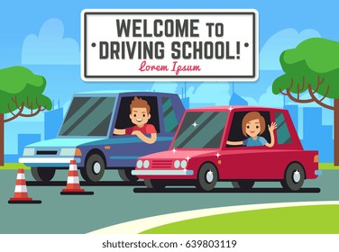 Driving school vector background with young happy driver in cars on road