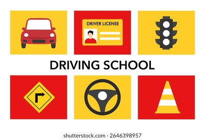Modelo de banner de vetor da escola de condução. Carro, semáforo, carteira de motorista e placa de estrada em design plano.