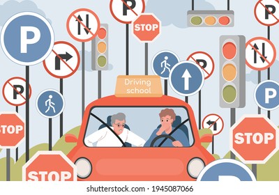 Driving school vector flat illustration. Car instructor and student sit in car and looking at the road. Traffic lights and road signs. Man learning traffic rules, passing exams for driver license.