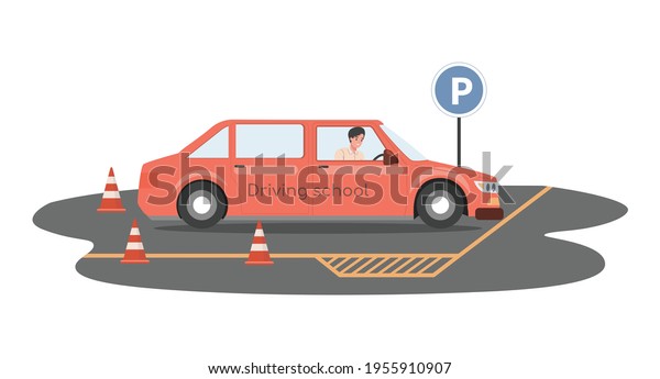 Driving\
school vector flat illustration. Happy smiling man driving yellow\
car and preparing for passing exams for driver license. Male\
character drive automobile at driving\
lessons.