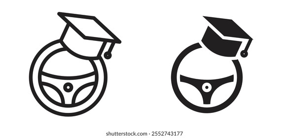 Conjunto de iconos de Vector de la escuela de conducción negro relleno y estilo delineado.