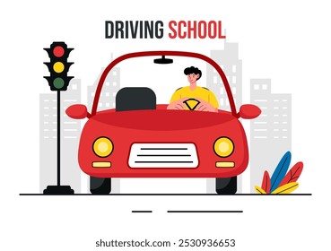 Ilustración vectorial de la escuela de conducción que presenta el proceso educativo de la formación del coche y aprender a conducir Obtener la Licencia de un conductor en un fondo