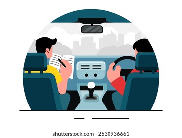 Ilustración vectorial de la escuela de conducción que presenta el proceso educativo de la formación del coche y aprender a conducir Obtener la Licencia de un conductor en un fondo