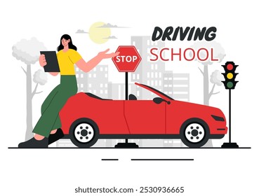 Driving School Vector Illustration Featuring the Educational Process of Car Training and Learning to Drive Obtain a Driver's License in a Background