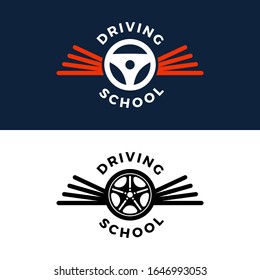 Driving school vector logo. Book, car wheel, wing logo design. Training, vehicle, transport and transportation, vector design and illustration