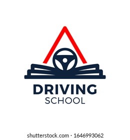 Driving school vector logo. Book, car wheel, road sign and college logo design. Training, vehicle, transport and transportation, vector design and illustration