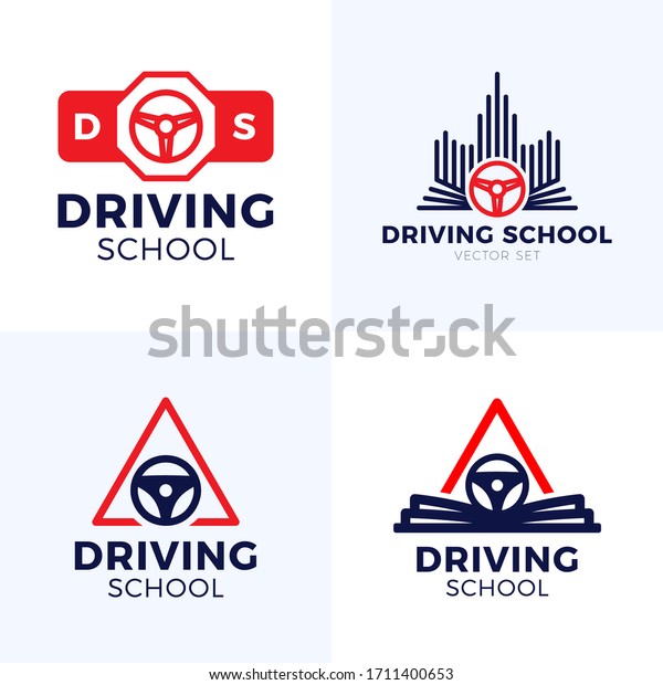 Driving school vector logo. car wheel with\
road sign logo design. Training, vehicle, transport and\
transportation, vector design and\
illustration