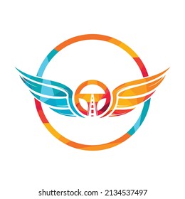 Driving School Vector Logo Design. Steering With Wings Icon Vector Design.	