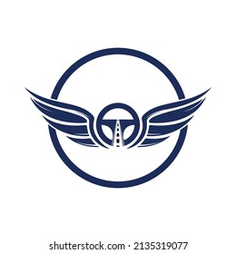 Driving school vector logo design. Steering with wings icon vector design.	