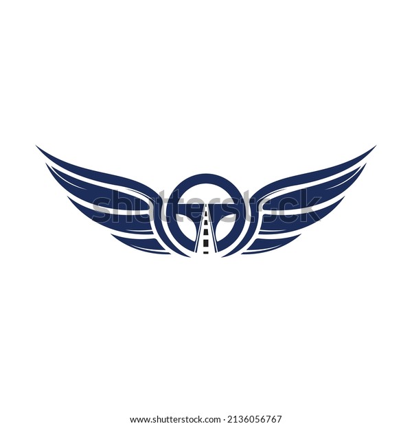 Driving school vector logo design. Steering
with wings icon vector
design.	