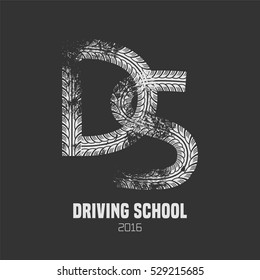 Driving school vector logo, sign, symbol, emblem. Wheel print graphic design element. Professional driving lessons for auto license concept illustration