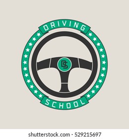 Driving school vector logo, sign, symbol, emblem. Steering wheel  design element, concept illustration for driving lessons obtain company