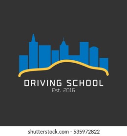 Driving school vector logo, sign, symbol, emblem. Car on a night city graphic design element, concept illustration