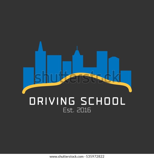 Driving\
school vector logo, sign, symbol, emblem. Car on a night city\
graphic design element, concept\
illustration