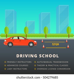 Driving school web banner advertisement design. Car driver classes or lessons vector illustration. City skyline and park background with auto and training cones.