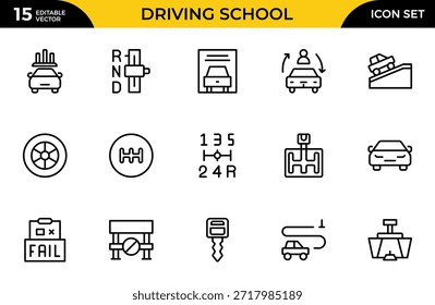 Iconos web de la escuela de conducción en estilo de línea Coches, tráfico, Educación y Transporte. Paquete de iconos de contorno delgado. Ilustración vectorial