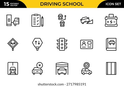 Iconos web de la escuela de conducción en estilo de línea Coches, tráfico, Educación y Transporte. Paquete de iconos de contorno delgado. Ilustración vectorial