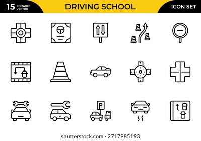 Iconos web de la escuela de conducción en estilo de línea Coches, tráfico, Educación y Transporte. Paquete de iconos de contorno delgado. Ilustración vectorial