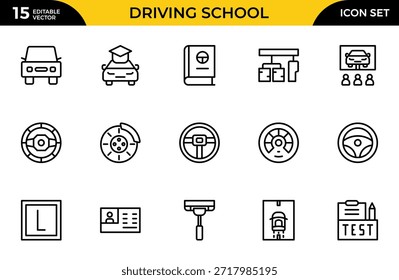 Iconos web de la escuela de conducción en estilo de línea Coches, tráfico, Educación y Transporte. Paquete de iconos de contorno delgado. Ilustración vectorial