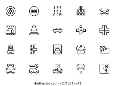 Iconos web de la escuela de conducción en estilo de línea Coches, tráfico, Educación y Transporte. Paquete de iconos de contorno delgado