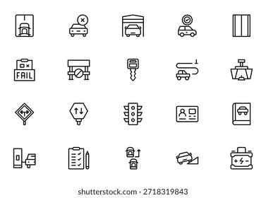 Iconos web de la escuela de conducción en estilo de línea Coches, tráfico, Educación y Transporte. Paquete de iconos de contorno delgado