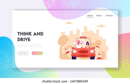 Driving School Website Landing Page, Learner Driving Car with Frightened Instructor. Student Driver Girl Study Drive Automobile Bumping Road Signs, Web Page. Cartoon Flat Vector Illustration, Banner