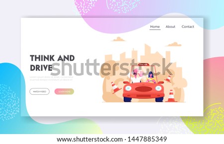 Driving School Website Landing Page, Learner Driving Car with Frightened Instructor. Student Driver Girl Study Drive Automobile Bumping Road Signs, Web Page. Cartoon Flat Vector Illustration, Banner