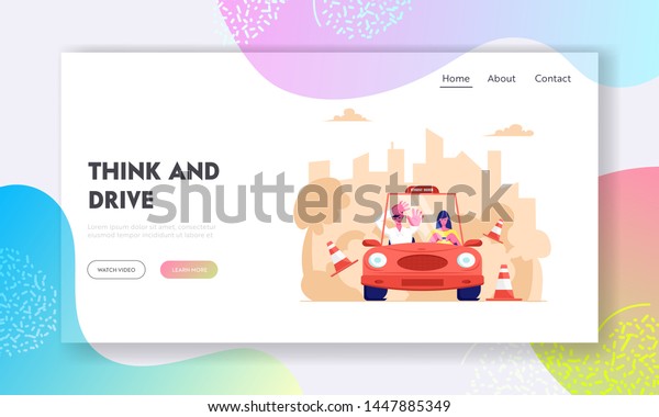 Driving School Website Landing Page, Learner\
Driving Car with Frightened Instructor. Student Driver Girl Study\
Drive Automobile Bumping Road Signs, Web Page. Cartoon Flat Vector\
Illustration, Banner