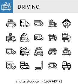 driving simple icons set. Contains such icons as Ice cream truck, Van, Delivery truck, Food truck, Stop sign, Police car, Golf stick, can be used for web, mobile and logo