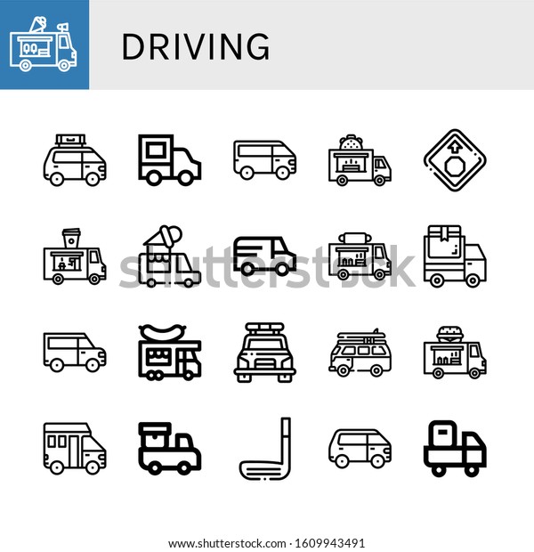 driving simple icons\
set. Contains such icons as Ice cream truck, Van, Delivery truck,\
Food truck, Stop sign, Police car, Golf stick, can be used for web,\
mobile and logo