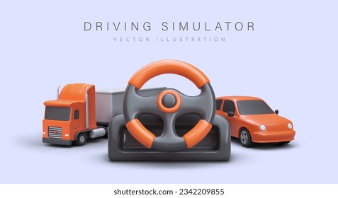 Fahrsimulationen. Game Computer-Lenkrad, LKW, Auto. Fahren mit dem Simulator lernen. Virtuelle Völker. Vorbereitung der Prüfung. Farbvektorplakat mit 3D-Illustration