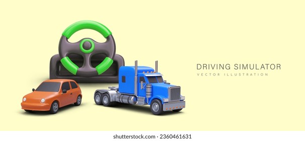 Driving simulator. Gadget for learning how to drive car, truck. Theoretical course, preparation for practice. Driving school. Modern gaming devices, VR