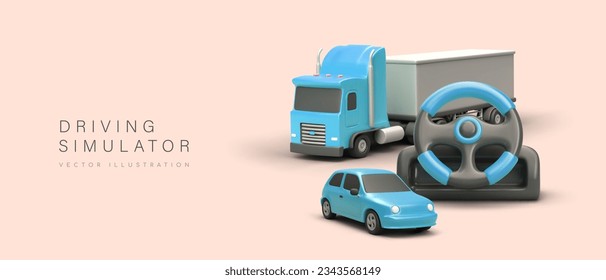 Driving simulator. Training and testing services. Compliance with traffic rules in virtual trips. License for truck, car. Concept for driving school. Learning with play